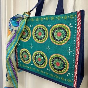 Vibrant summer beach tote bag with detachable silk cat-design silk scarf.